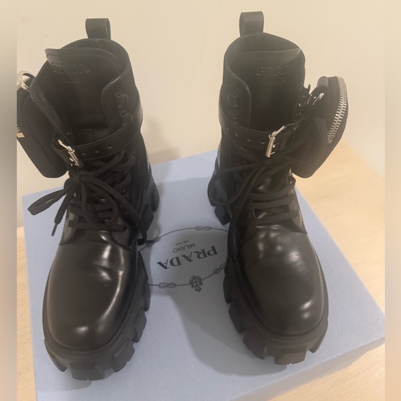 Prada Monolith Pouch-Detail Leather and Nylon Boots in Black Size 37 - Picture 2 of 12